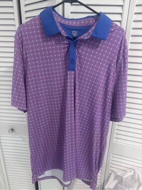 Mark & Graham Purple Geo-Print Polo with Royal Blue Collar